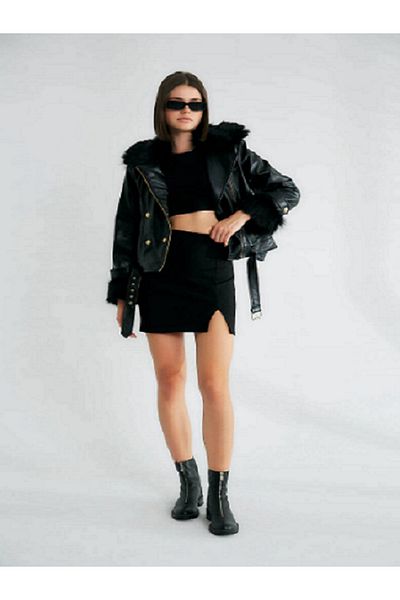 Robin BELT DETAIL FURAL ASTRALI BLACK LEATHER COAT