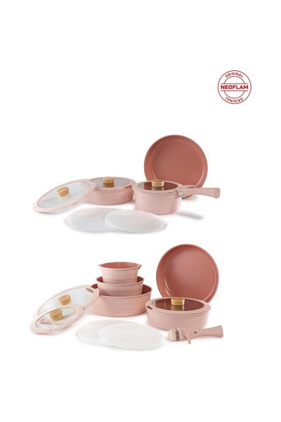 NEOFLAM Midas Pembe 20 Parça Ayrılabilen Saplı Iç Içe Geçebilen Indüksiyonlu Tencere Tava Seti