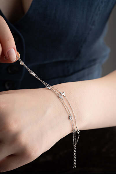 Nereze 925 Ayar Gümüş 3 Sıra Zincir Zirkon Taşlı Kelebek Bileklik