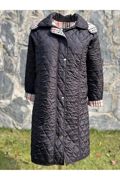 VETRE Women's Large Size Plaid 105 Cm Seasonal Black Quilted Coat 1044
