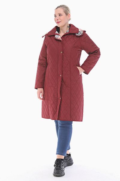 VETRE Women's Large Size Plaid 105 Cm Seasonal Claret Red Quilted Coat 1044