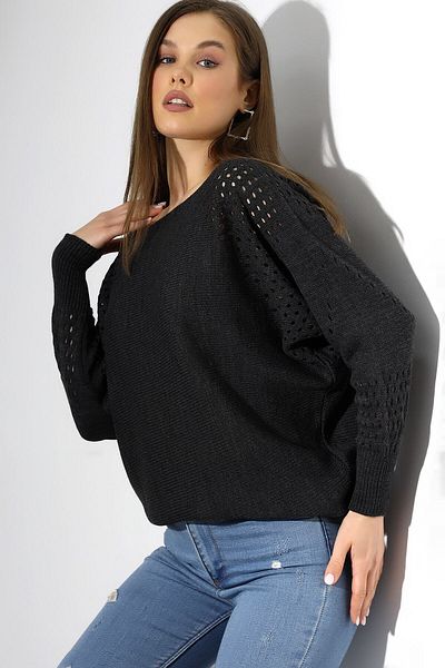 Devinka Pulover de damă, antracit, oversize, ajurat, tricotaj casual