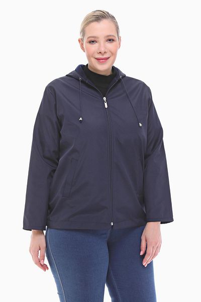 VETRE Women's Large Size Hooded Navy Blue Fleece Raincoat 1005