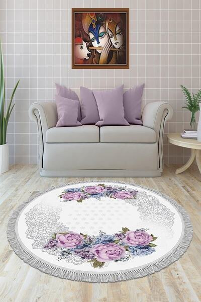 blcmoda Efes Gül Desen Çiçekli Yuvarlak Halı Kaymaz Taban Salon Antre Mutfak ...