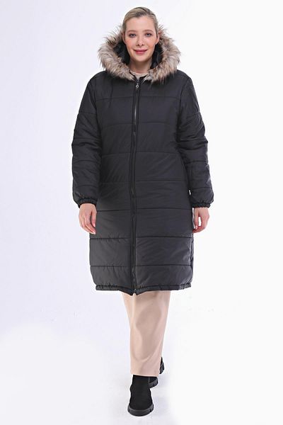 VETRE Women's Large Size Rail Patterned Black Puffer Quilted Jacket 1046