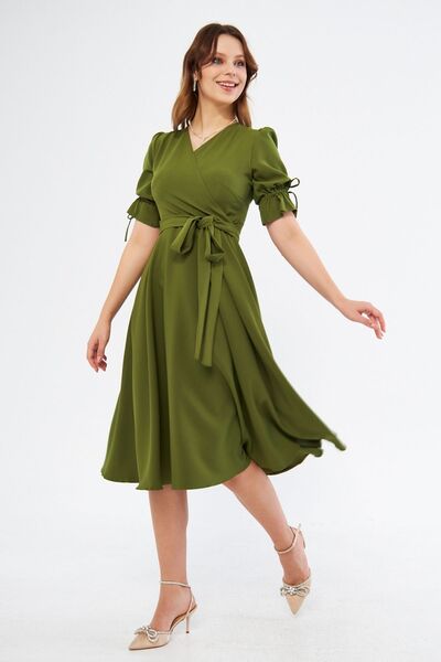 Bidoluelbise Χακί διπλό γιακά με κοντό μανίκι και ελαστικό φόρεμα μίντι μήκους