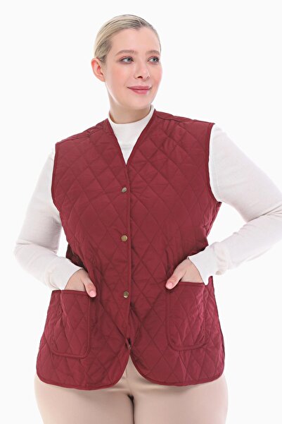 VETRE Women's Large Size Plaid Claret Red Quilted Vest 1037