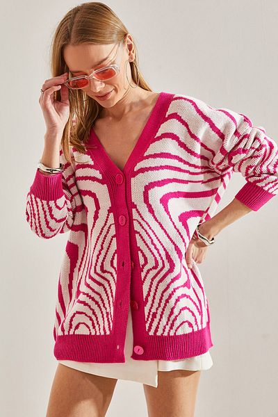 Bianco Lucci Women's Oversize Zebra Patterned Knitwear Cardigan