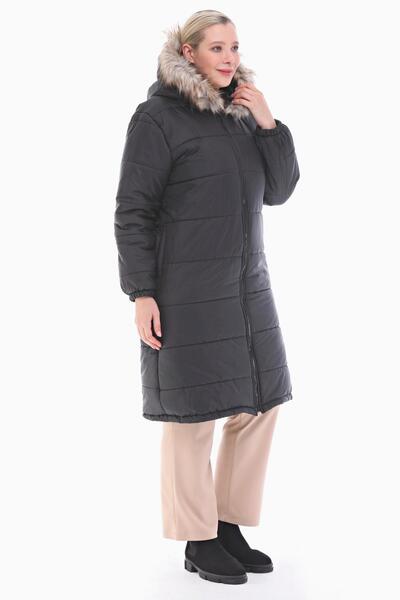 VETRE Γυναικείο μαύρο φουσκωτό καπιτονέ παλτό με μοτίβο ράγας μεγάλου μεγέθους 1046