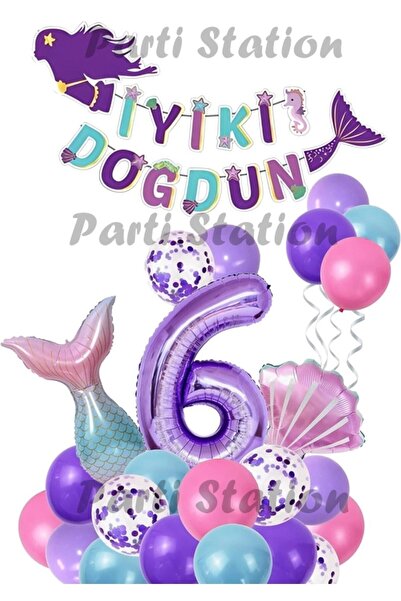Parti Station Mor Rakam Balon Deniz Kızı Konsept Parti 6 Yaş Balon Set Mermai...
