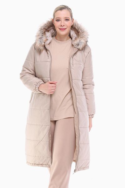 VETRE Women's Large Size Rail Patterned Light Beige Puffer Quilted Jacket 1046