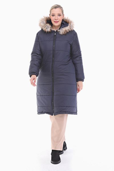 VETRE Women's Large Size Rail Patterned Navy Blue Puffer Quilted Jacket 1046