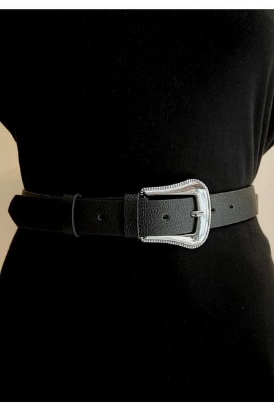 Kemerix Women's Black Belt with Silver Buckle
