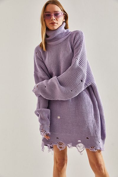 Bianco Lucci Women's Ripped Patterned Turtleneck Knitwear Sweater
