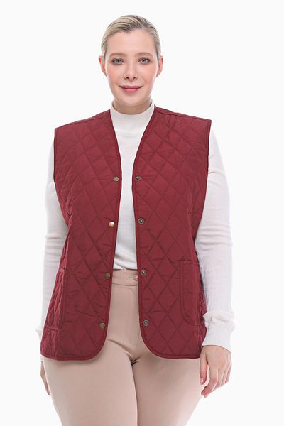 VETRE Women's Large Size Plaid Claret Red Quilted Vest 1037