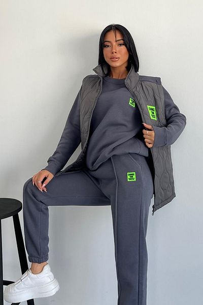 vuvutasarım 3 Yarn Sweatshirt High Waist Bottom Tracksuit with Pockets and Vest 3 Pieces Antresite Sports Tracksuit Set 500