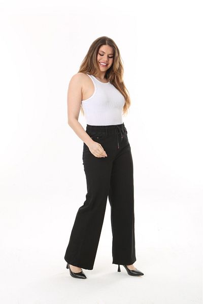 EYLÜL BUTİK WOMEN'S LARGE SIZE ELASTIC WAIST WIDE LEG PANTS BLACK
