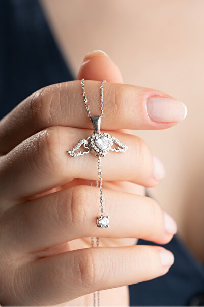 Nereze 925 Ayar Gümüş Rodyumlu Hareketli Beyaz Taşlı Kanatlı Kalp Kolye