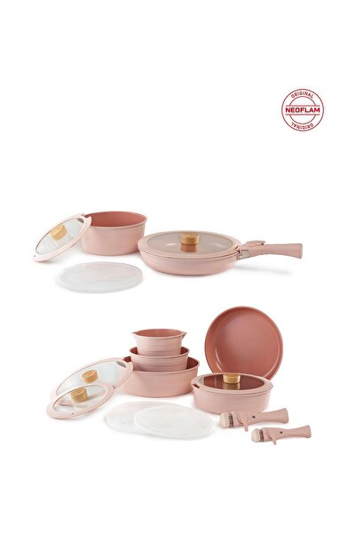 NEOFLAM Midas Pembe 18 Parça Ayrılabilen Saplı Iç Içe Geçebilen Indüksiyonlu Tencere Tava Seti