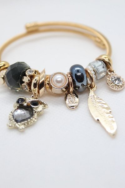 CLARİS Steel Owl Detailed Charm Gold Bracelet