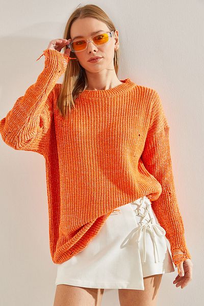 Bianco Lucci Dámsky oversize pletený sveter Muline s roztrhnutými detailmi
