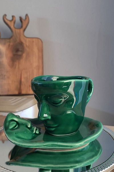 ARVALE 4 Piece Turkish Coffee Cup Set for 2 People / Face Shaped Scandinavian Cup