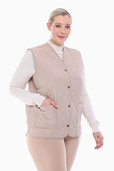 VETRE Women's Large Size Plaid Light Beige Quilted Vest 1037