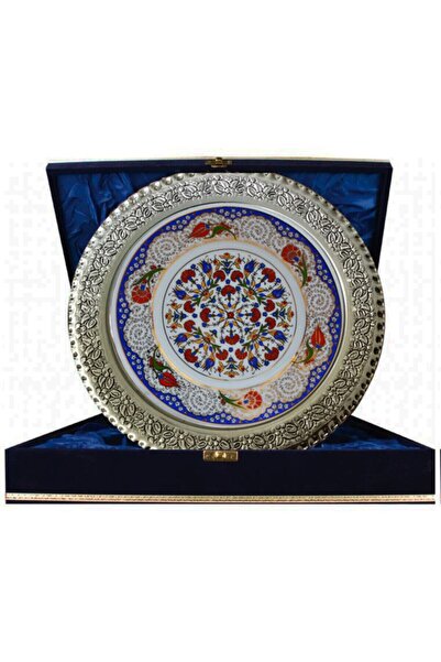 Armada Çini Armada Cini Prt 41 25 سم لوحة جيني من البورسلين المذهبة باللون الأزرق والذهبي مع إطار فضي