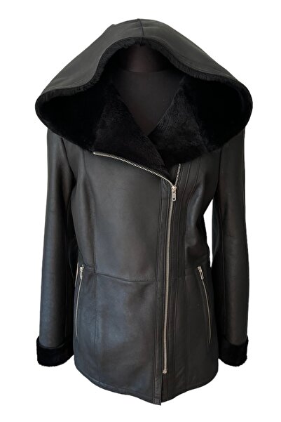 asus deri MIRANDA - KADIN HAKİKİ KOYUN KÜRKÜ KAPÜŞONLU SİYAH CEKET