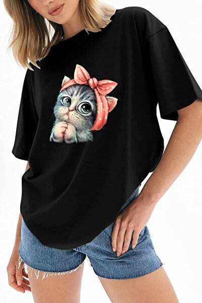 over head oh Tricou Black Cute Cat oversize pentru damă