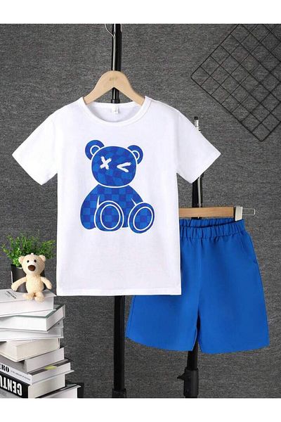 AMMA Children's Teddy Bear Printed T-shirt Shorts Top and Bottom Set
