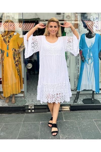 Sosyete Kaplumbağa Bohemian Authentic Voile Cotton Guipure Detailed Three-Quarter Sleeve Plus Size Dress