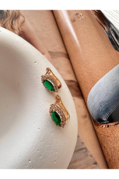 Esmeray Aksesuar Vip Çelik Gold Renk Zirkon Yeşil Taşlı Oval Halka Küpe Geniş...