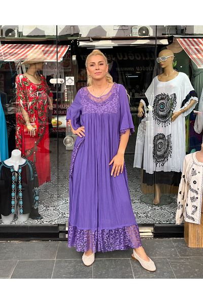Sosyete Kaplumbağa Authentic Voile Cotton Lace Detailed Short-Length Double Pocket Purple Dress