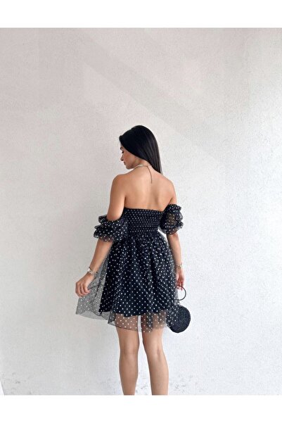 Afiş Butik Siyah Straplez Yıldız Desenli Tüllü Mini Elbise