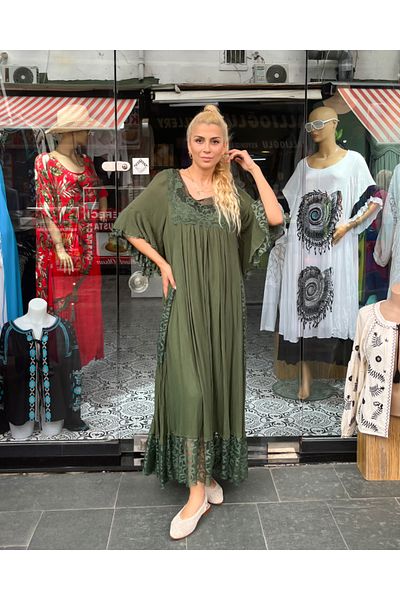 Sosyete Kaplumbağa Women's Authentic Voile Cotton Lace Detailed Shortcut Double Pocket Green Dress