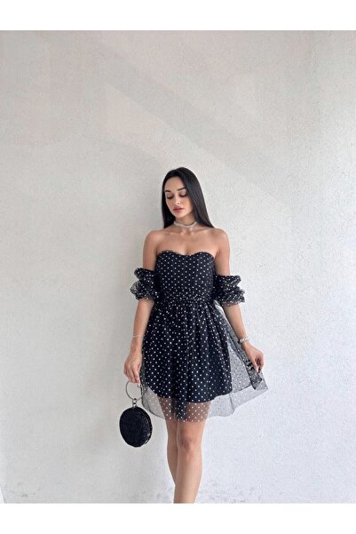 Afiş Butik Siyah Straplez Yıldız Desenli Tüllü Mini Elbise