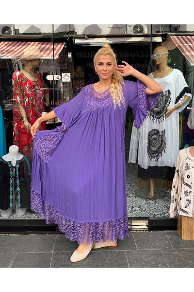 Sosyete Kaplumbağa Authentic Voile Cotton Lace Detailed Short-Length Double Pocket Purple Dress