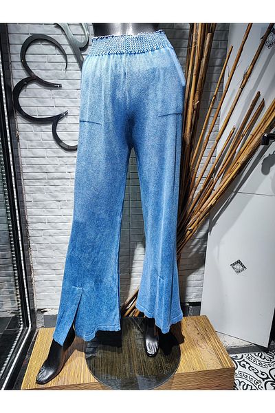 Sosyete Kaplumbağa Cotton Double Pocket, Elastic Waist, Leg Slit, Washed Shalwar Trousers