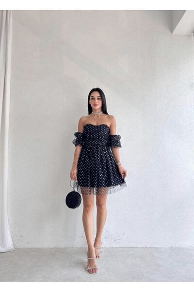 Afiş Butik Siyah Straplez Yıldız Desenli Tüllü Mini Elbise