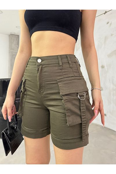 BİKELİFE Khakifarbene, dehnbare Jeansshorts mit hoher Taille und Cargotasche