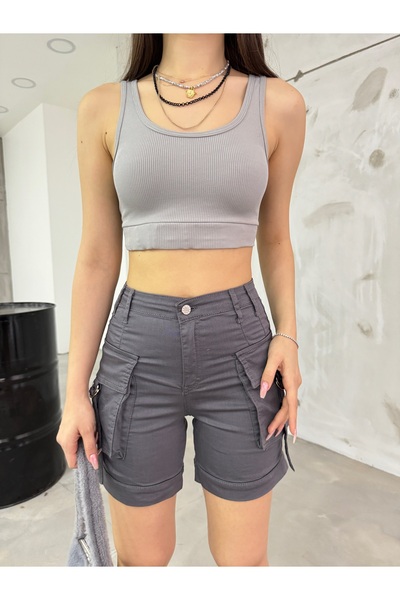 BİKELİFE Šedé strečové džínové šortky Cargo Pocket s vysokým pasem