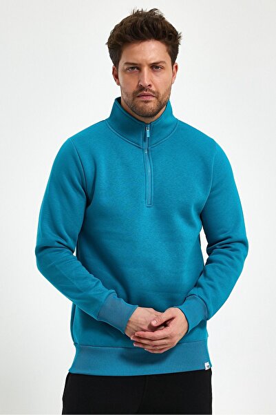 KUN SPORTSWEAR СУИТШЪР С ИЗПЪЛНЕНА ЯКА С ПОЛОВИН ЦИП [ТЪМЕН] КРОЙКА ОТ 3 ПРЕЖДИ, РЕСАНА ДЕБЕЛА ПЛАТ