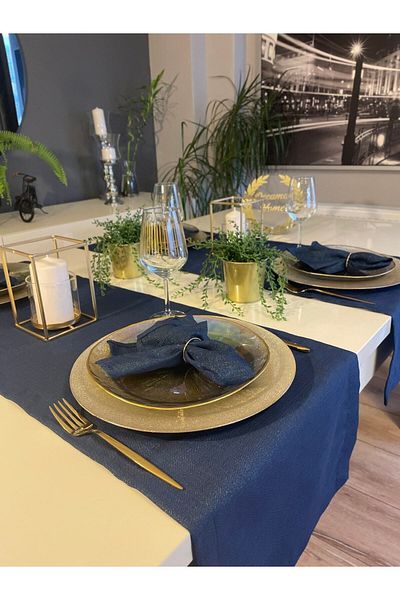 Decamor home Runner cu textura de in, albastru bleumarin cu sclipici