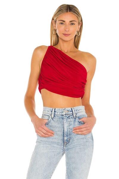 By Kul Design Kadın Kırmızı Tek Omuz Ipek Jarse Crop Top