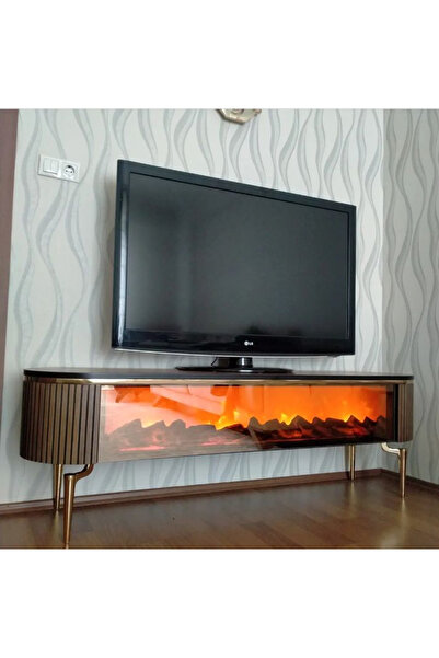 NUR AHŞAP Ceviz Şömineli Bluetoothlu Müzik Çalar Tv Ünitesi 200*42*55