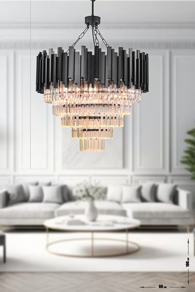 Avizemoda Sima 60 Cm Luxury Crystal Glass Stone Chandelier - (Black Color)