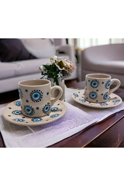 Buğra Çini Nazar Boncuğu El Yapımı Türk Kahvesi - Espresso 2' li Fincan Seti