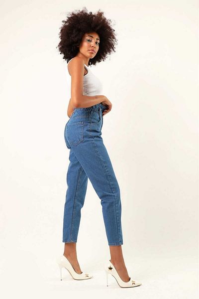 SHEVEGA Blue Lycra Talie Înaltă Boyfriend Talie Elastică Mom Jeans Blugi