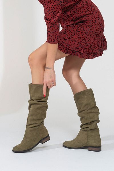 ÜNAL ÖZER Green Suede Γυναικείες μπότες καθημερινά με φυσούνα Un001-0144